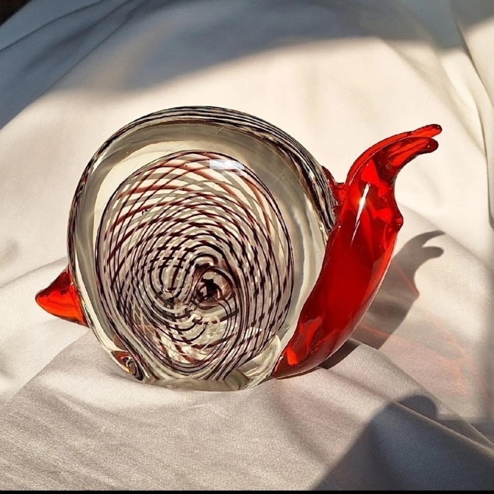 Snail Art Glass Paperweight Sculpture Hand Blown Red Orange Swirl Vintage Large